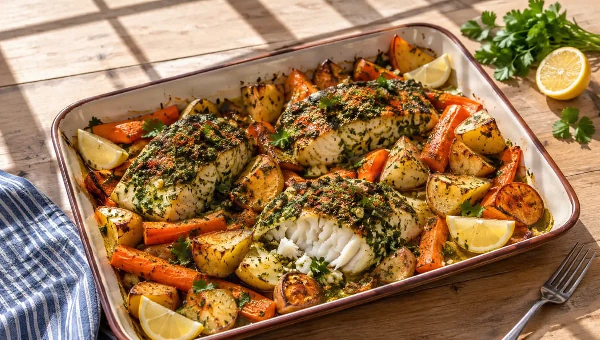 An illustration of a rimmed baking dish of herb-crusted cod fillets roasted with potatoes and carrots, with lemon wedges and fresh parsley beside the dish.