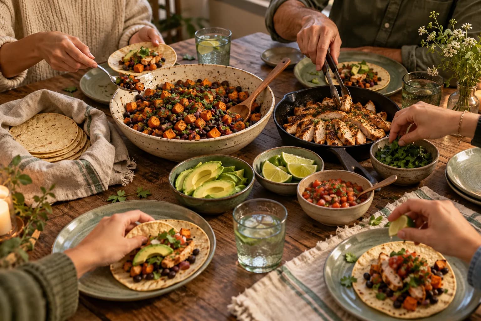Overhead view of a family dinner table with a big bowl of roasted sweet potato and black beans in the middle, a separate pan of seared chicken, small bowls of avocado, lime and salsa, and hands passing warm tortillas.