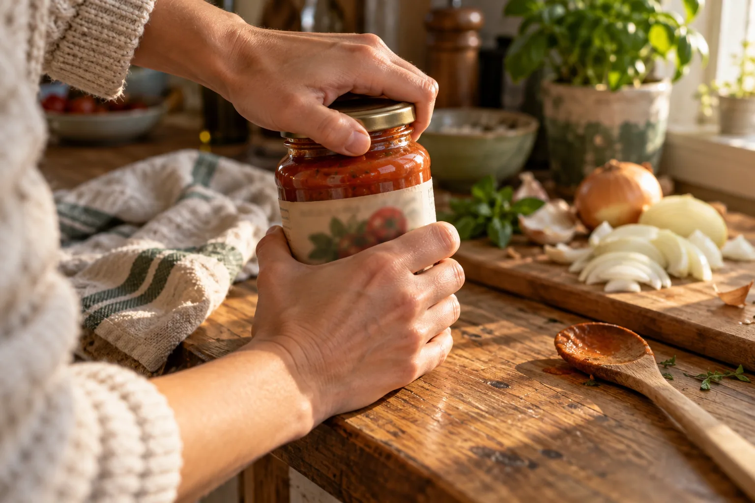 Two hands turning a glass jar of red sauce on a wooden kitchen counter in warm window light, the paper label soft and out of focus, with a linen cloth and a wooden spoon nearby.