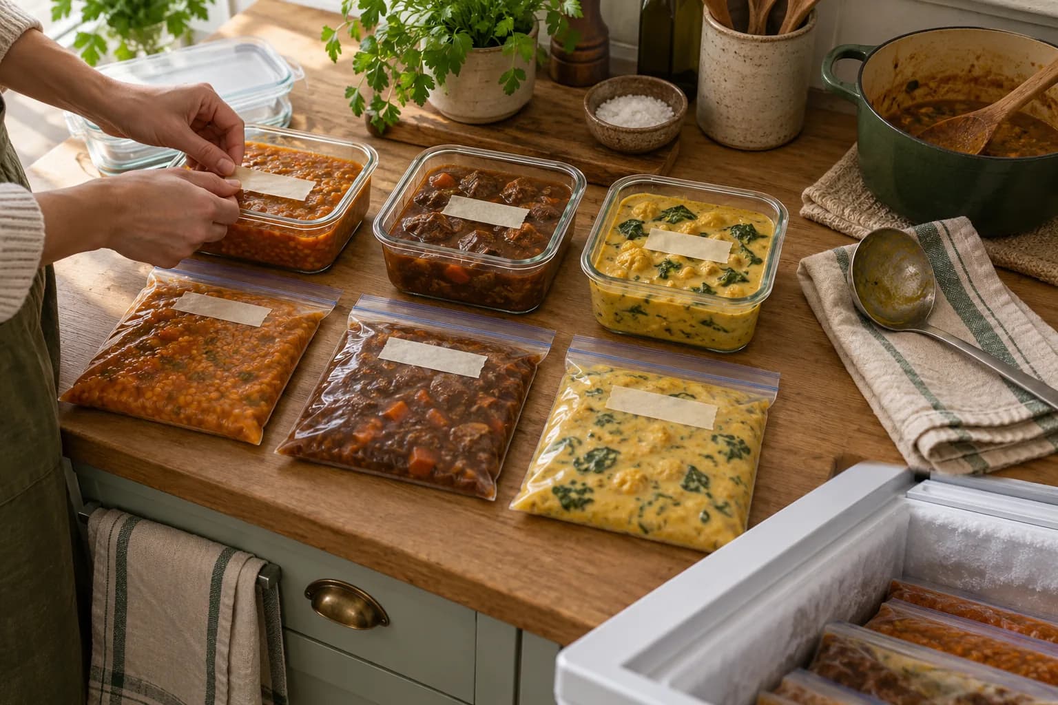 Overhead view of a kitchen counter in soft morning light, with neat stacks of glass containers and freezer bags holding portions of red lentil stew and curry, a wooden spoon and a folded linen cloth beside them.