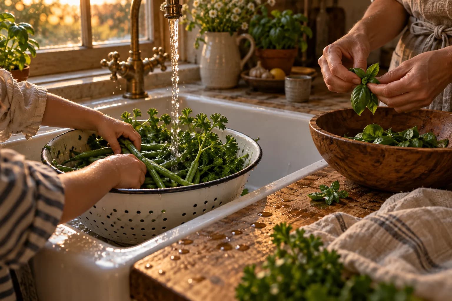 Two small children's hands rinsing green beans and curly parsley in a white colander at a farmhouse sink, beside an adult's hands tearing basil into a wooden bowl, in warm evening light.