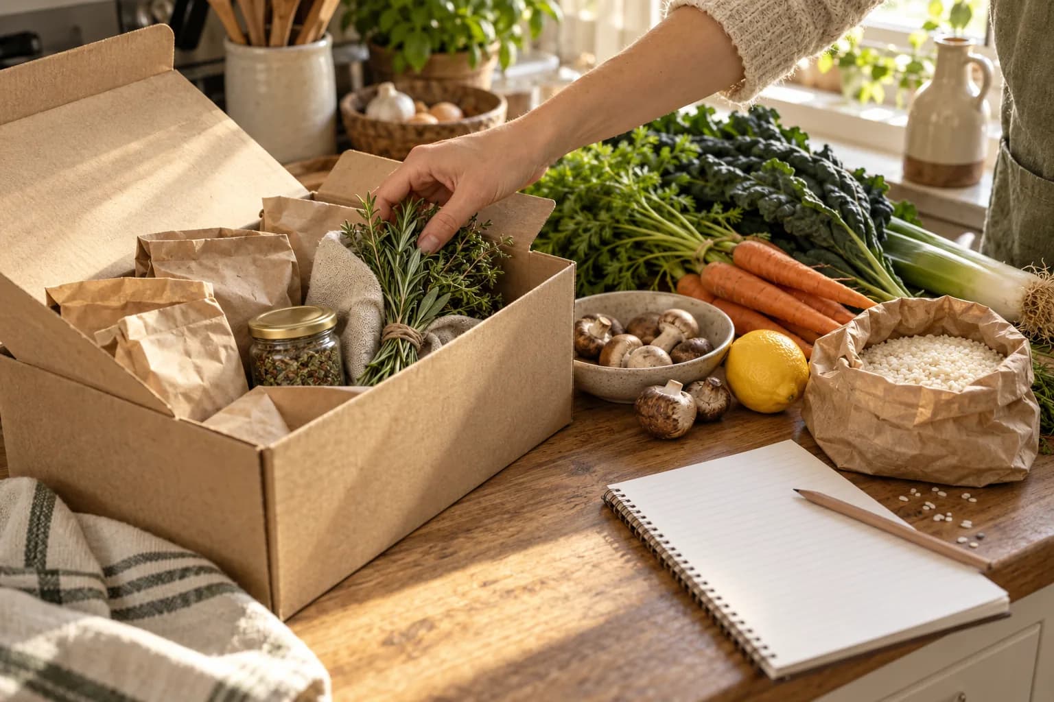A sunlit wooden kitchen counter with an open unbranded kraft box of small paper bags and wrapped herbs on one side, and loose vegetables, a lemon, a bag of rice and a hand-ruled notebook page on the other, with a hand reaching for the herbs.