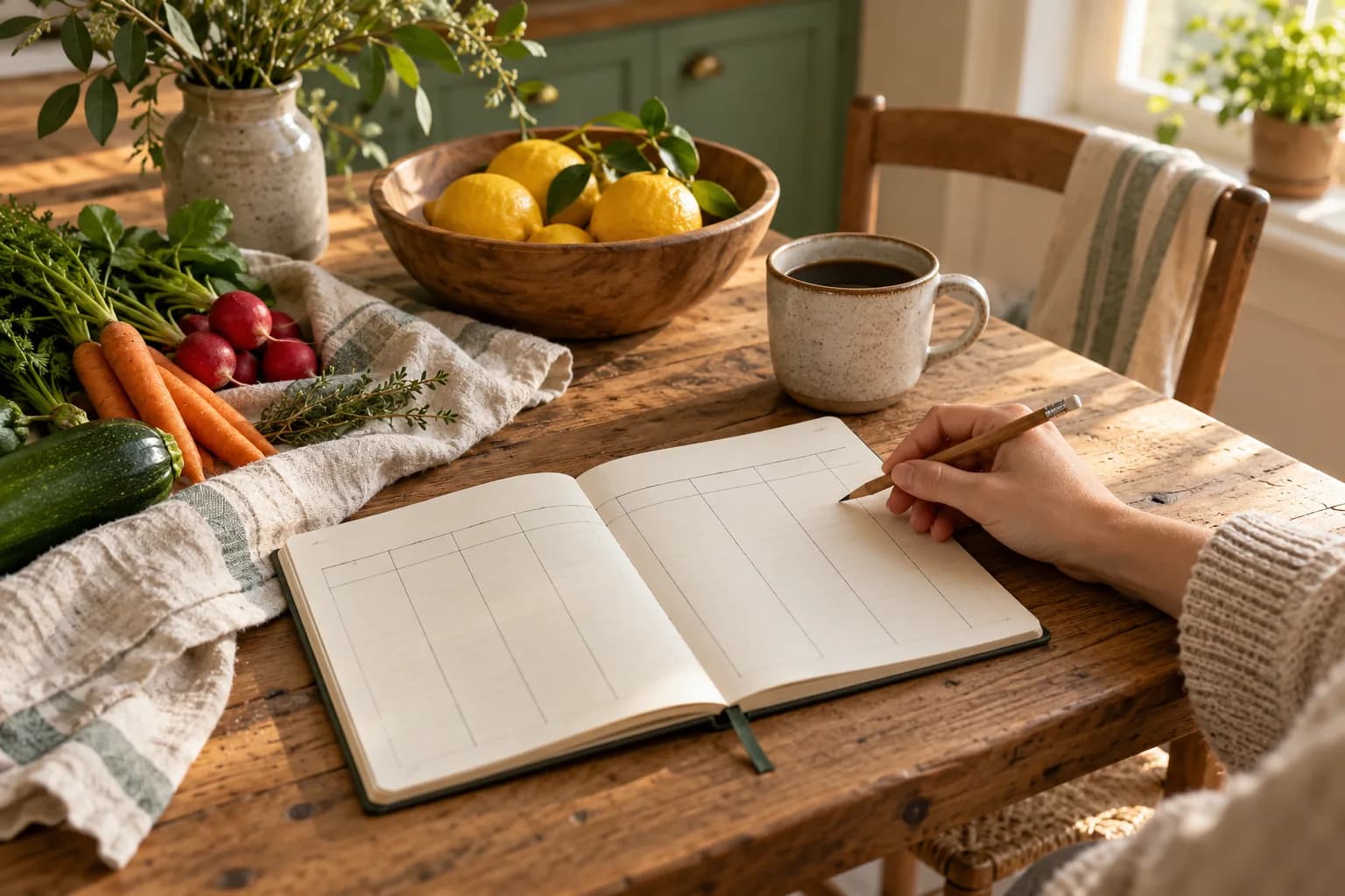 A worn oak kitchen table in soft morning light with an open notebook ruled into a weekly grid, a pencil, a mug of coffee and a bowl of lemons, with a hand resting on the page.