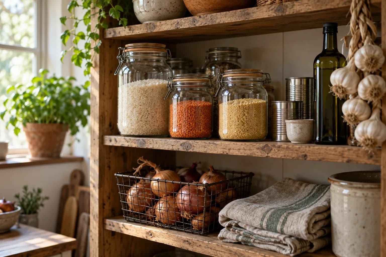 An open wooden pantry shelf in a home kitchen with glass jars of rice, lentils and couscous, plain unlabeled tins, a braid of garlic, a basket of onions and an unlabeled bottle of olive oil in warm window light.