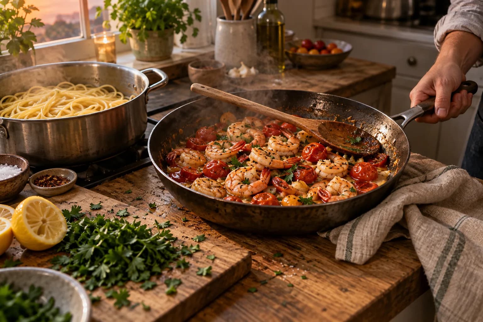 A large skillet of garlic shrimp and blistered cherry tomatoes on a worn oak counter beside a pot of linguine, with a half-chopped bunch of parsley and a squeezed lemon in the foreground, lit by low evening window light.