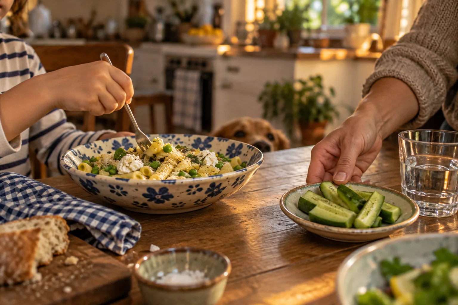 A child's hands reaching for pasta with peas and ricotta while a parent slides over a plate of cucumber sticks.