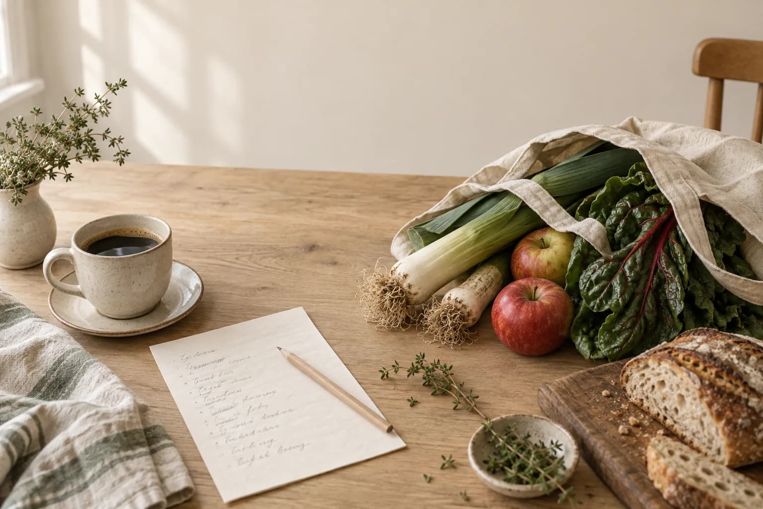 A Sunday-morning kitchen table with coffee, a handwritten shopping list, sourdough, and a linen bag of leeks, apples and chard.