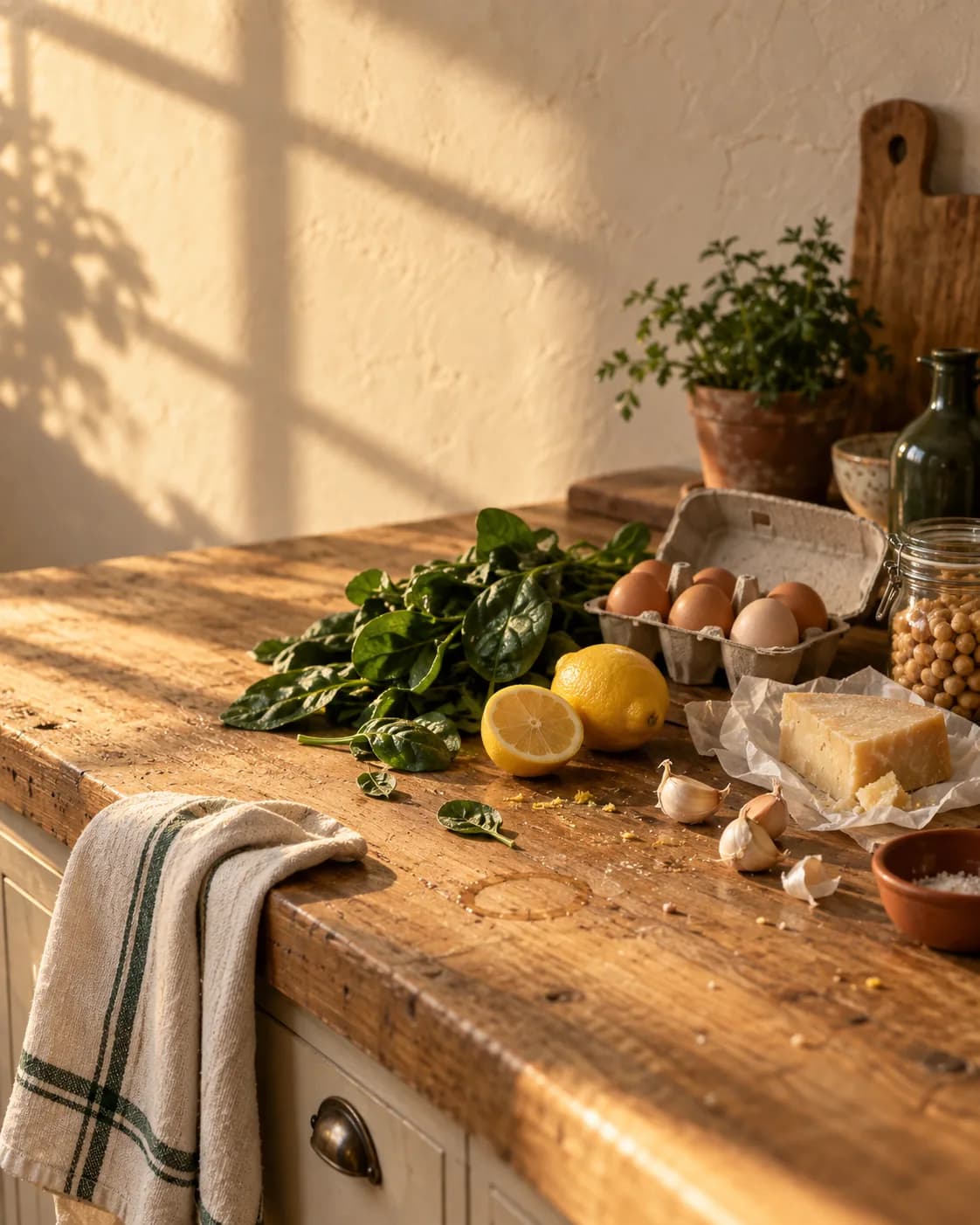 A sunlit wooden kitchen counter holding a bunch of spinach, a halved lemon, a carton of brown eggs, loose garlic cloves, a wedge of hard cheese and a jar of chickpeas, with a striped dish towel hanging over the edge.