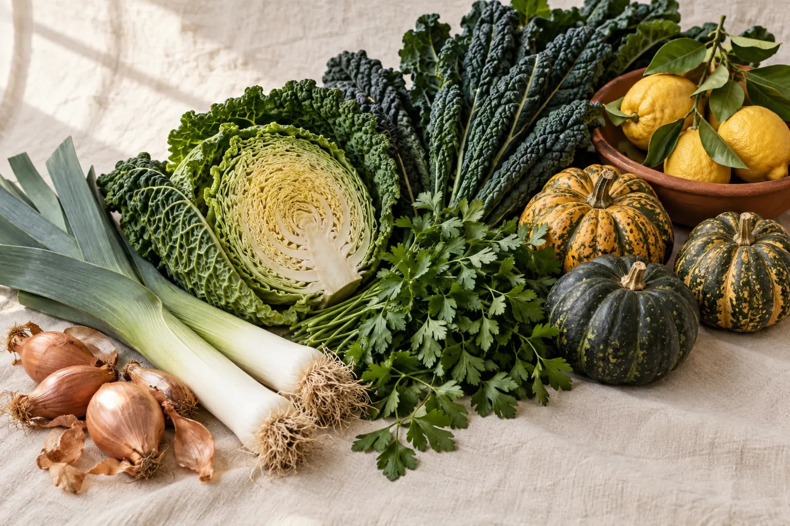 Market vegetables piled on a linen cloth in soft daylight: leeks, shallots, a halved savoy cabbage, dark kale, a bunch of flat-leaf parsley, lemons in a terracotta bowl and two acorn squash.