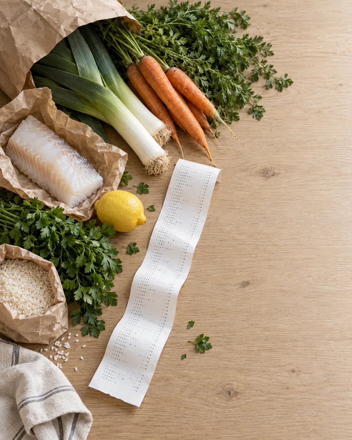A paper grocery bag spilling leeks, carrots and parsley onto a light wood counter, next to a piece of raw cod, a lemon, a paper sack of rice and a long paper receipt.