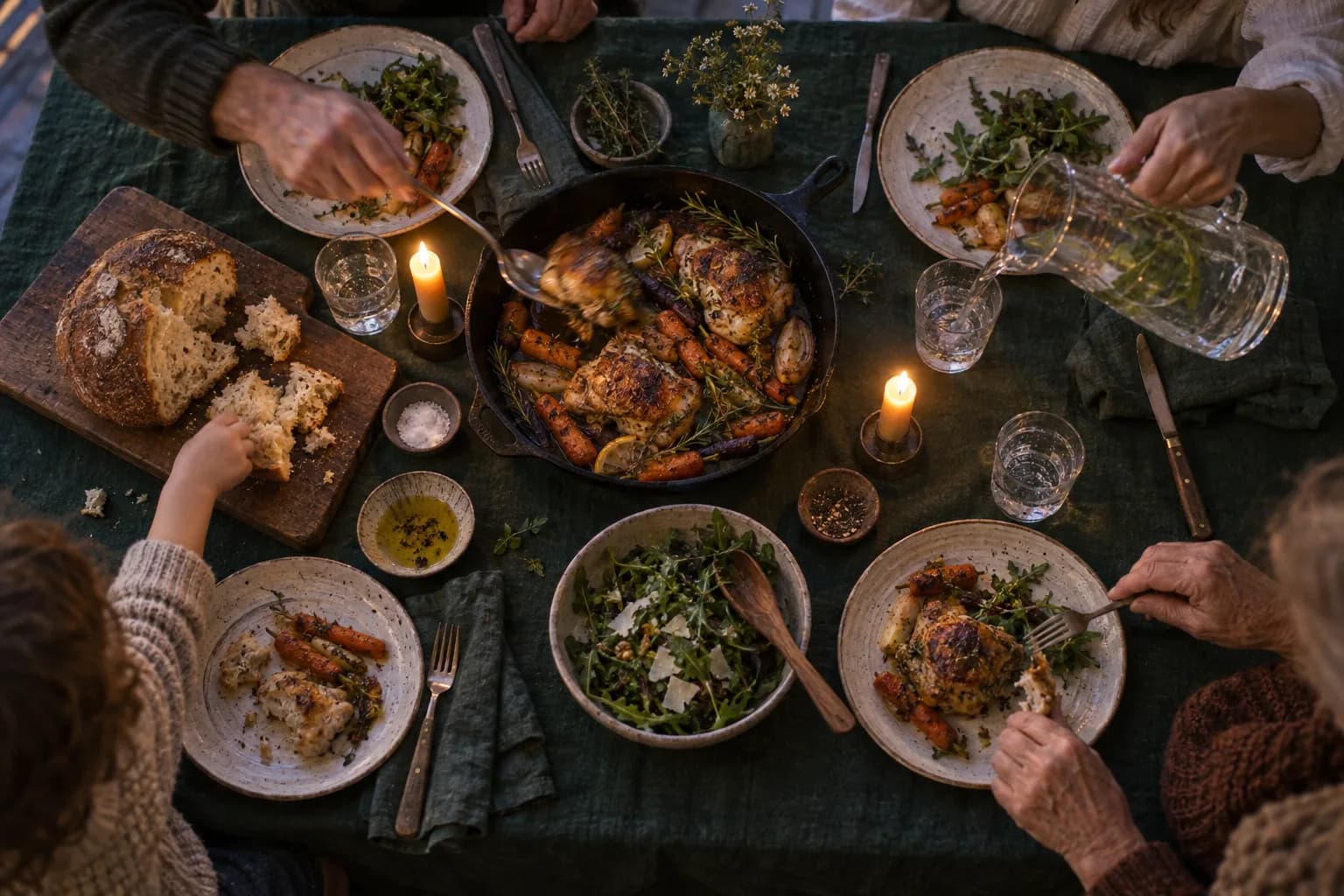 Overhead view of a family dinner table by candlelight: a cast-iron skillet of roast chicken thighs and carrots, a bowl of arugula salad, a loaf of bread being torn apart, and hands serving food and pouring water from a glass pitcher.